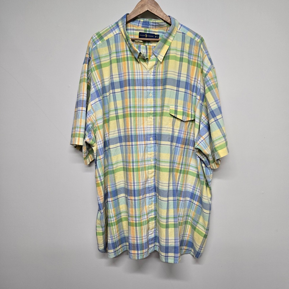 Ralph Lauren Beach Twill Shirt Mens 6XB Big Multi Plaid Cotton Short Sleeve Prep